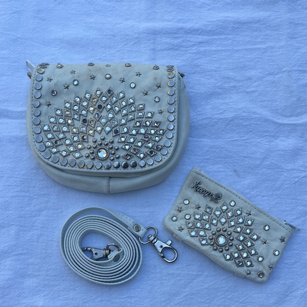 Kippys white leather crystal studded mini shoulder Bag Set
